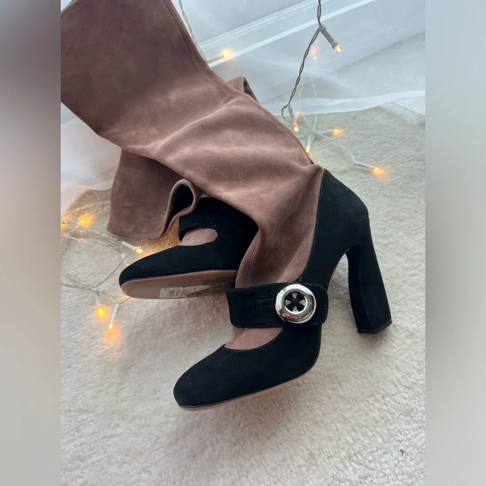 Prada Runway Knee High Suede Blush Pink Black High Heels Sock Boot Trompe L'oeil - Picture 5 of 14